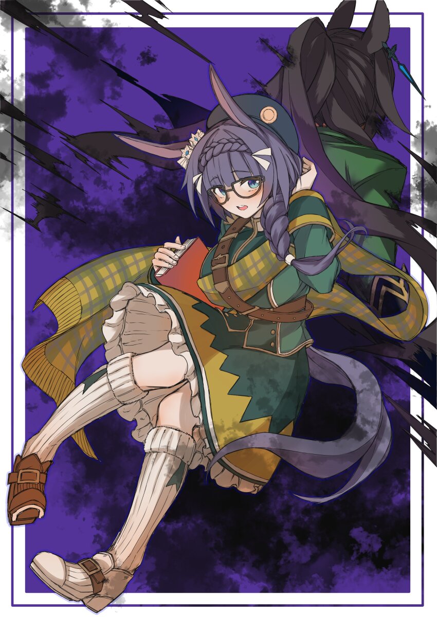 2girls, :o, absurdres, animal_ears, asymmetrical_footwear, back-to-back, bag, beret