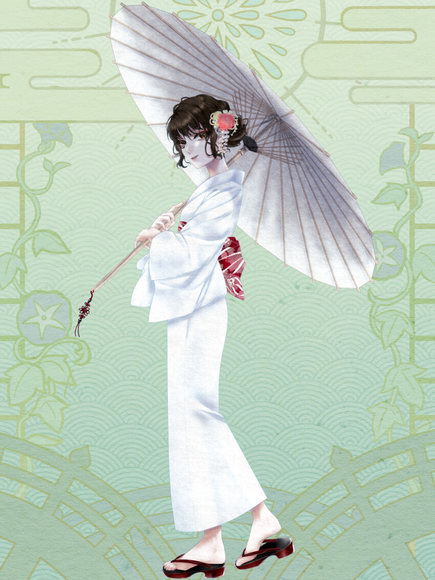 1girl, ak_atsuki0520, black_hair, commission, dairoku_ryouhei, flower, full_body, green_background, hair_bun, hair_flower, hair_ornament, highres, japanese_clothes, kimono, looking_at_viewer, obi, oil-paper_umbrella, sandals, sash, short_hair, solo, standing, umbrella, white_kimono, white_umbrella, zouri