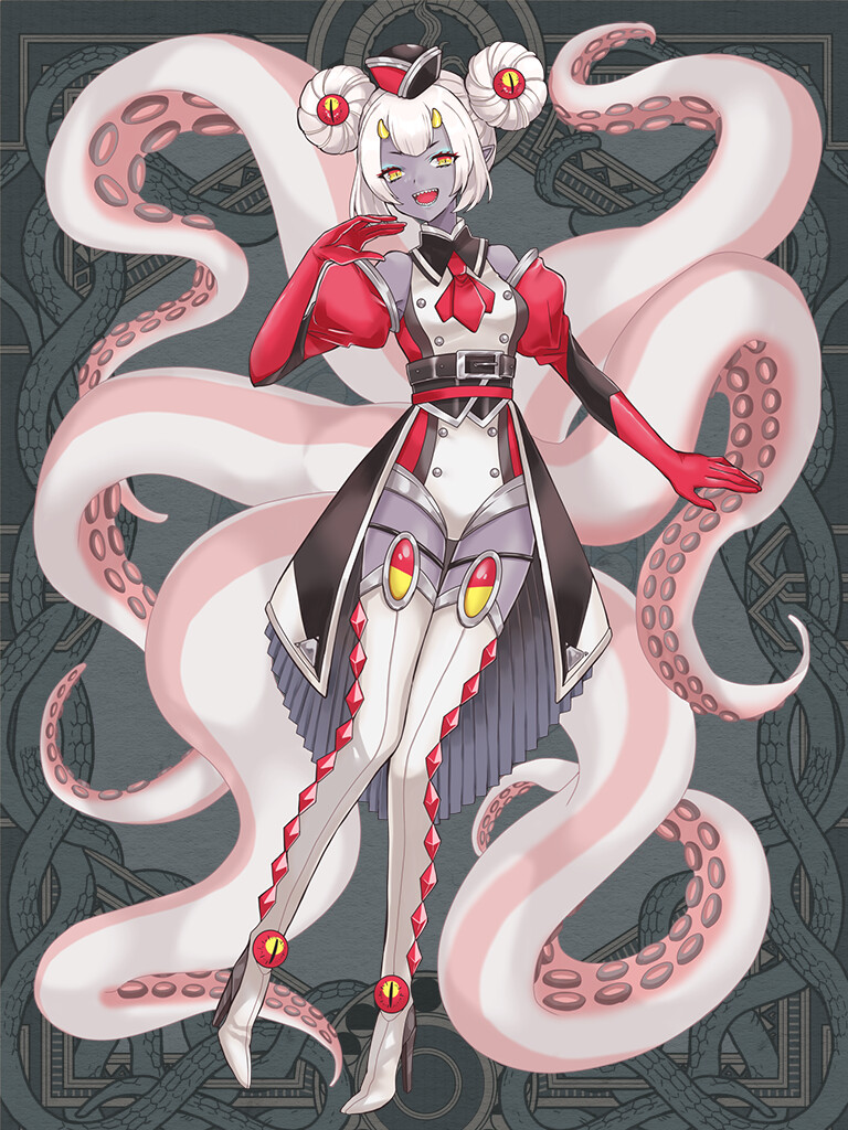 1girl, ascot, belt, boots, colored_skin, dairoku_ryouhei, double_bun, elbow_gloves, full_body, gloves, grey_background, grey_skin, hair_bun, hat, high_heel_boots, high_heels, horns, pointy_ears, red_ascot, red_gloves, se00tu, sharp_teeth, solo, squid_girl, standing, teeth, tentacles, thigh_boots, thighhighs, two-tone_headwear, white_thighhighs, yellow_eyes, yellow_horns