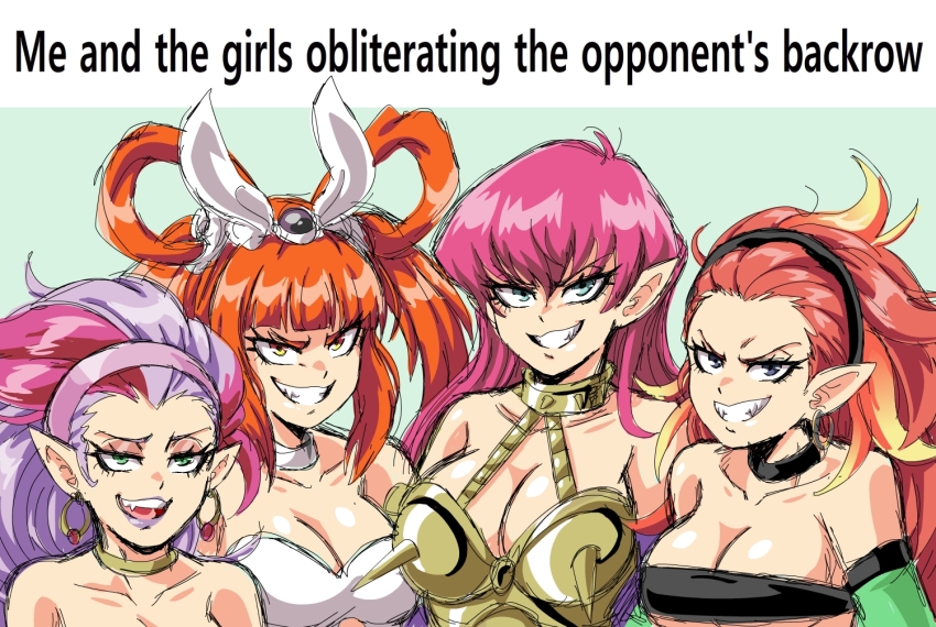 4girls, armor, bare_shoulders, black_eyes, black_hairband, breasts, cleavage, commentary, duel_monster, earrings, english_commentary, english_text, green_eyes, grin, hair_between_eyes, hair_rings, hairband, harpie_channeler, harpie_harpist, harpie_lady, harpie_lady_1, harpie_perfumer, harpy, hoop_earrings, jewelry, large_breasts, lewdamone, long_hair, looking_at_viewer, me_and_the_boys_(meme), meme, monster_girl, multicolored_hair, multiple_girls, orange_eyes, orange_hair, pink_hair, pink_hairband, pointy_ears, purple_hair, purple_lips, smile, spiked_armor, spikes, teeth, twintails, two-tone_hair, winged_arms, wings, yu-gi-oh!