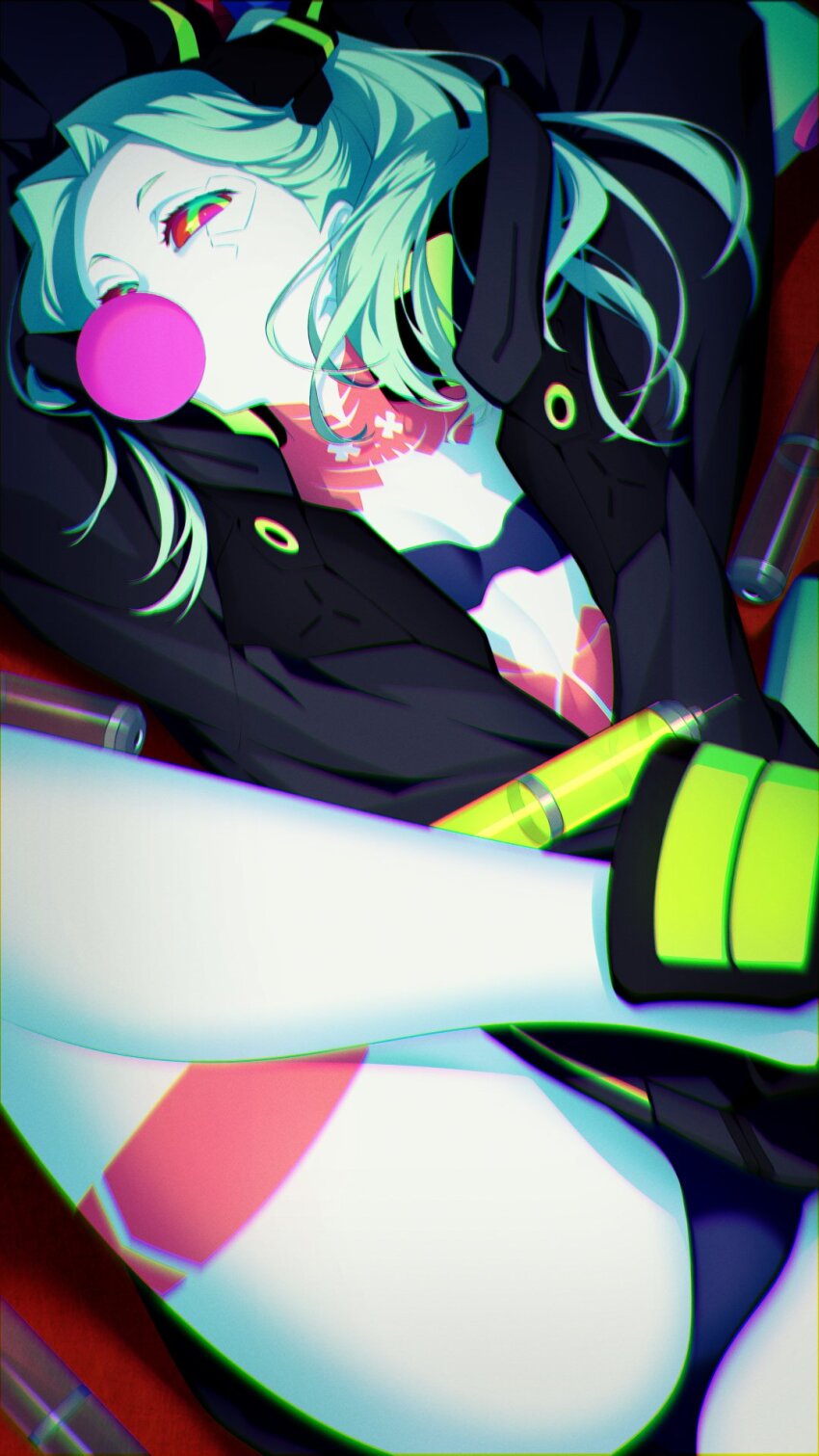 1girl, 7dango7, arms_up, artificial_eye, bare_shoulders, black_bra, black_jacket, black_panties, blowing_bubble_gum, blowing_bubbles, bra, breasts, chewing_gum, collarbone, colored_sclera, colored_skin, cyberpunk_(series), cyberpunk:_edgerunners, forehead, green_eyes, green_hair, hairband, highres, jacket, leg_tattoo, long_hair, long_sleeves, looking_at_viewer, lying, single_mechanical_eye, neck_tattoo, on_back, panties, parted_bangs, rebecca_(cyberpunk), red_sclera, small_breasts, solo, stomach_tattoo, tattoo, thighs, twintails, underwear, white_skin