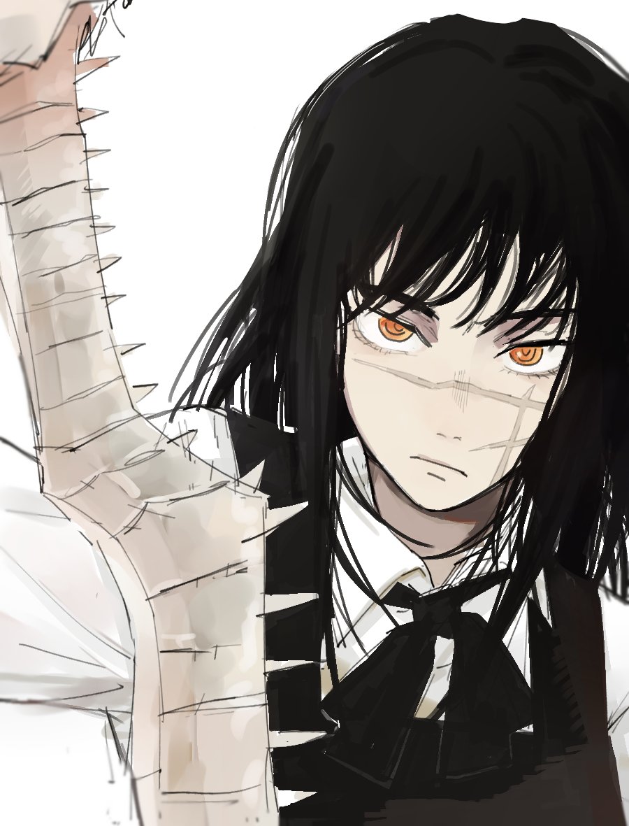 1girl, black_hair, black_ribbon, chainsaw_man, cross_scar, dress, facial_scar, holding