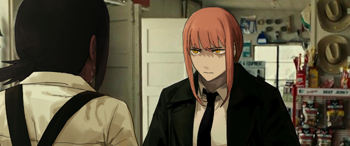 2girls, black_hair, black_jacket, black_necktie, chainsaw_man, convenience_store, formal_clothes, higashiyama_kobeni