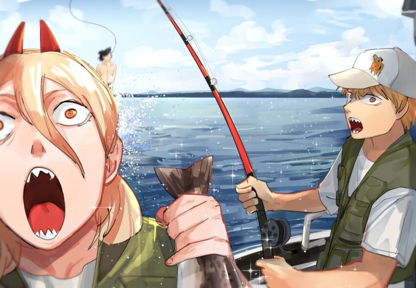 1girl, 2boys, animal, beam_(chainsaw_man), blue_sky, boat, chainsaw_man, cloud, cross-shaped_pupils, denji_(chainsaw_man), fish, fishing, fishing_rod, hair_between_eyes, hat, holding, holding_animal, holding_fish, holding_fishing_rod, horns, long_hair, looking_at_viewer, meme, multiple_boys, on_boat, open_mouth, pochita_(chainsaw_man), power_(chainsaw_man), red_horns, sealc4nfly, sharp_teeth, shirt, short_hair, sky, surprised, symbol-shaped_pupils, teeth, topless_male, two_soyjaks_pointing_(meme), vest, water, watercraft, white_shirt, yellow_eyes
