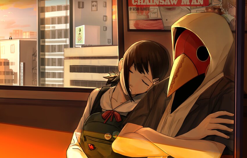 1girl, 3boys, angel_devil_(chainsaw_man), badge, bag, beak, black_hair, black_jacket