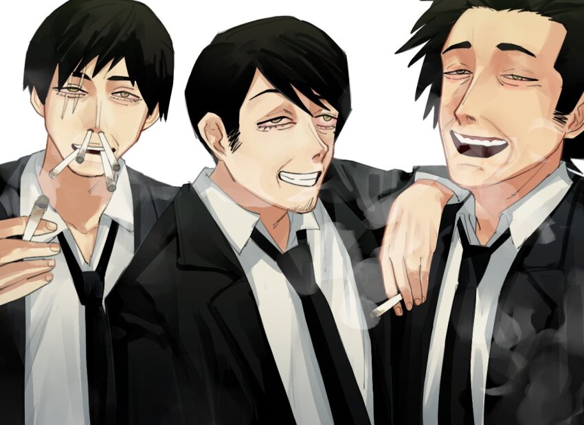 3boys, aldo_(chainsaw_man), black_hair, black_jacket, black_necktie, brothers, chainsaw_man, cigarette