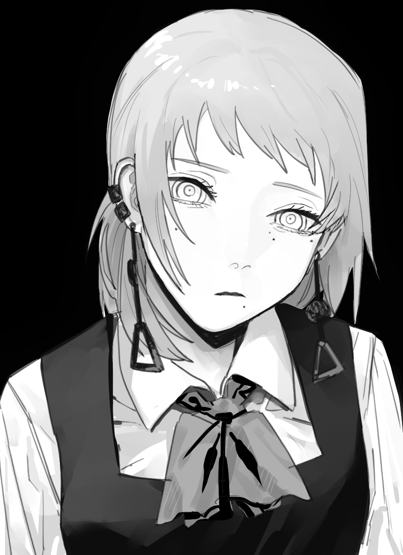 1girl, black_background, chainsaw_man, collared_shirt, dress, ear_piercing, earrings, fami_(chainsaw_man)