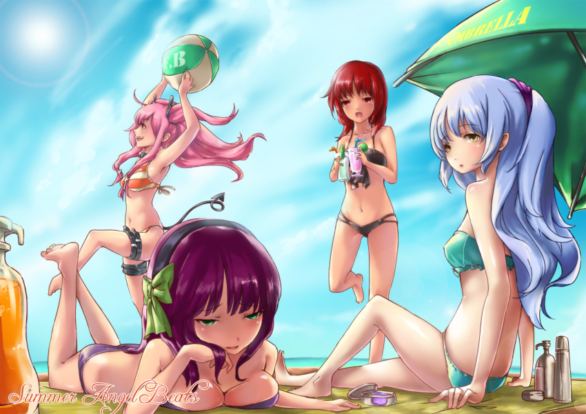10s, 4girls, angel_beats!, arms_up, ball, barefoot, beachball, bikini