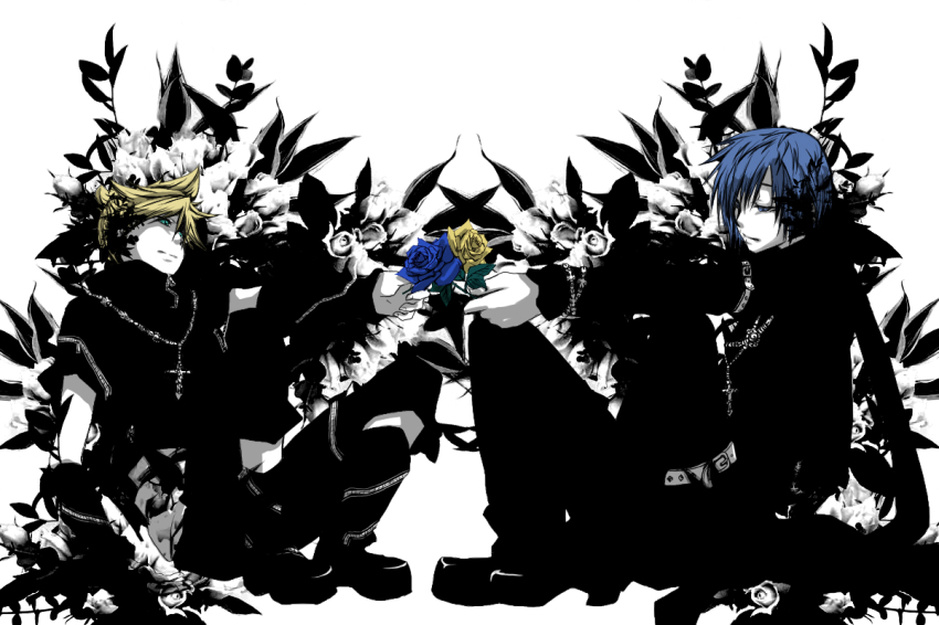 2boys, aqua_eyes, blonde_hair, blue_eyes, blue_hair, cross, flower, kagamine_len, kaito_(vocaloid), male_focus, multiple_boys, nekoi, rose, sitting, vocaloid