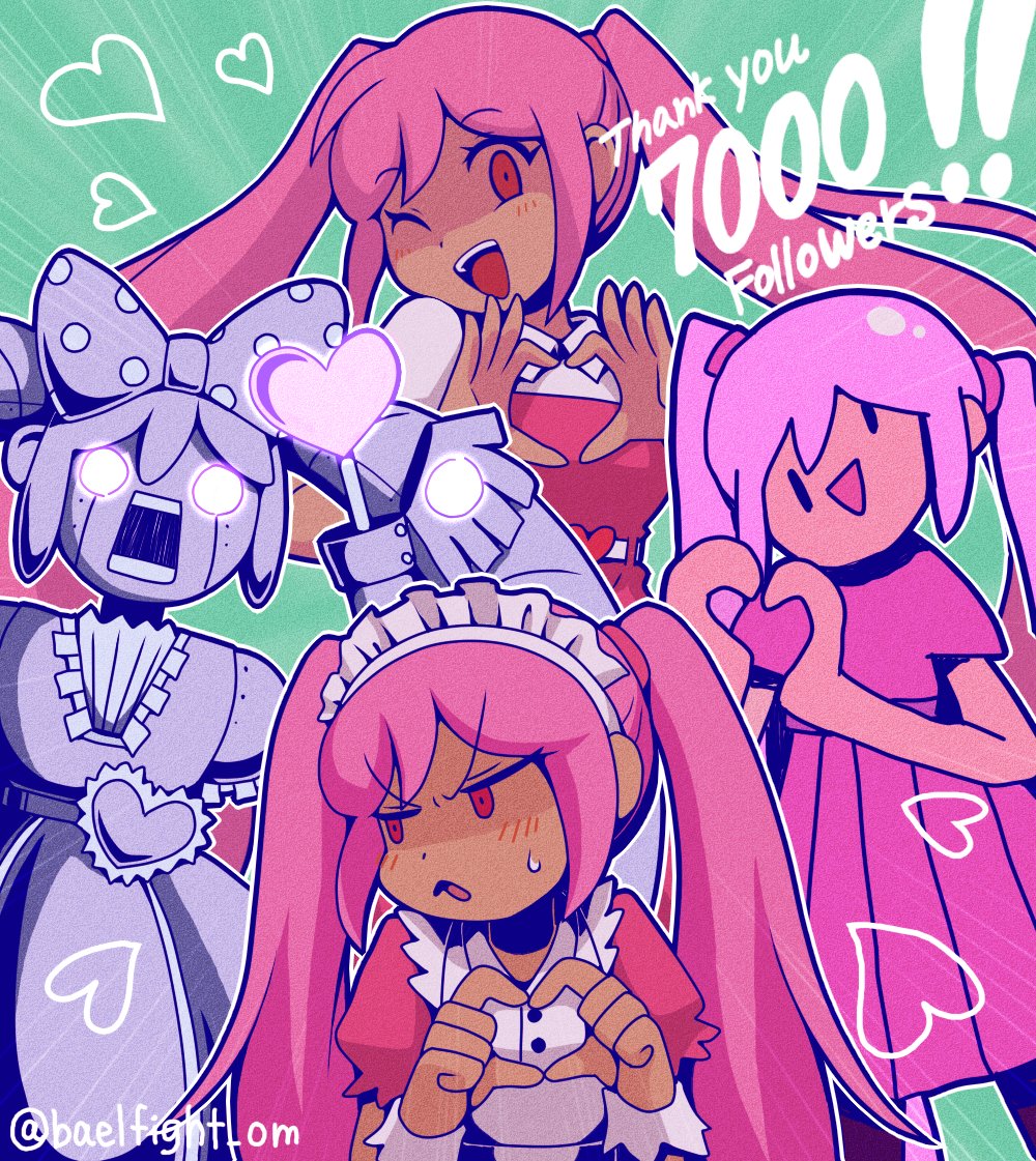 4girls, blush, dark-skinned_female, dark_skin, english_text, hair_ornament, heart, heart_hair_ornament