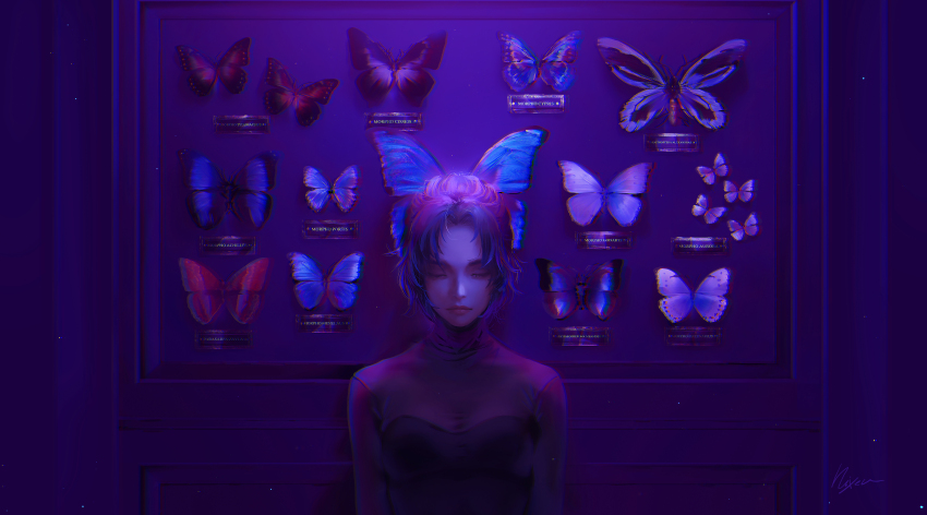 1girl, absurdres, alternate_costume, bug, butterfly, butterfly_hair_ornament, chromatic_aberration, closed_eyes