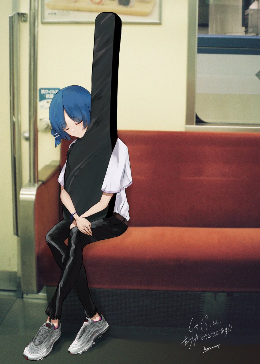 1girl, absurdres, air_max_97, black_pants, blue_hair, bocchi_the_rock!, cable_tie, closed_eyes