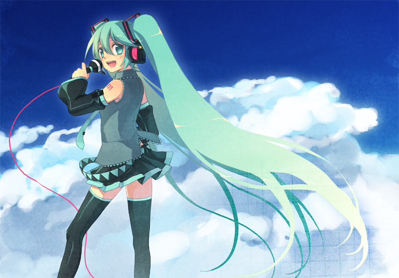 1girl, aqua_eyes, aqua_hair, cloud, daphine78805, day, detached_sleeves, female_focus