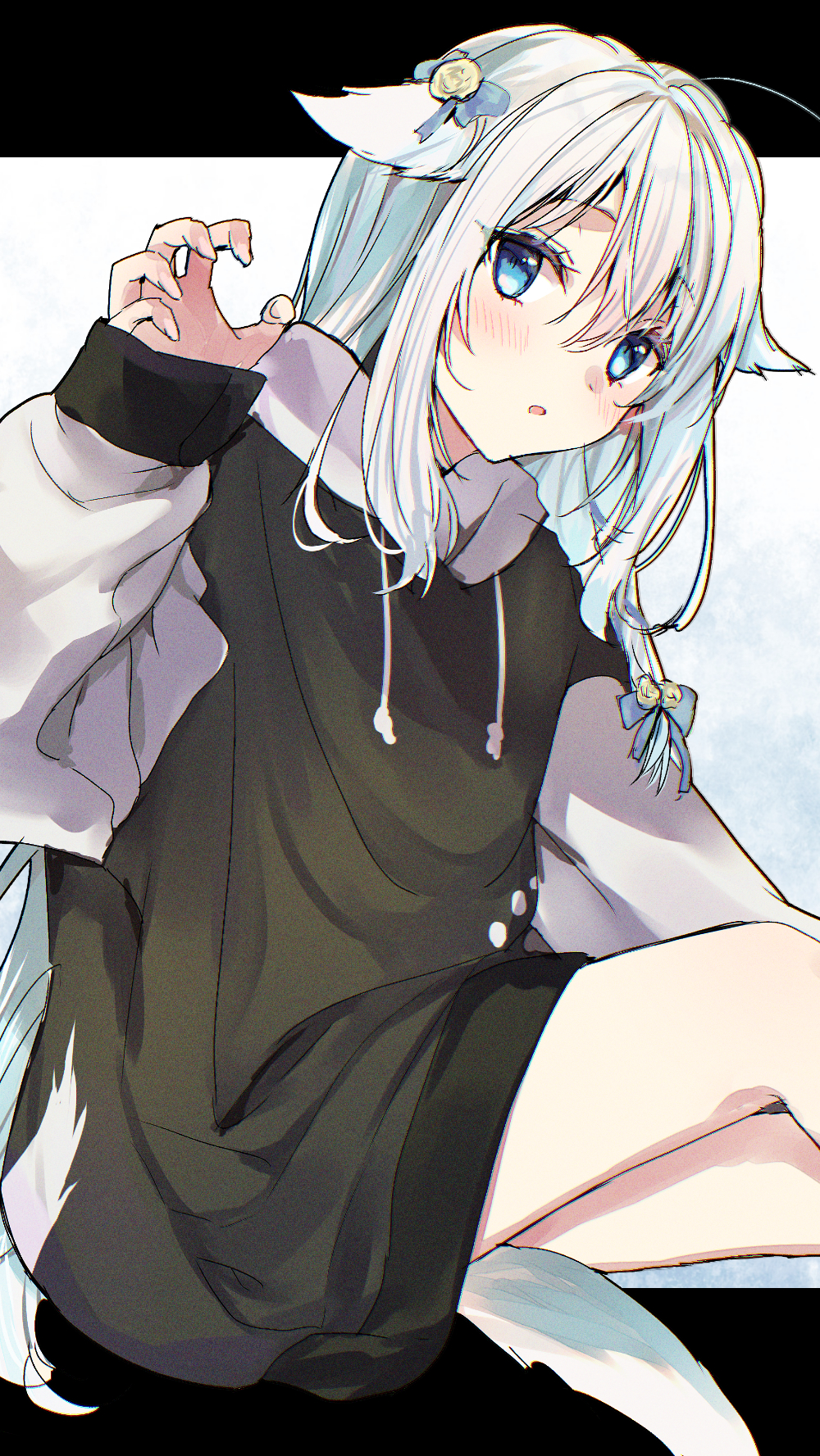 1girl, :o, animal_ears, black_hoodie, blue_bow, blue_eyes, blush, bow
