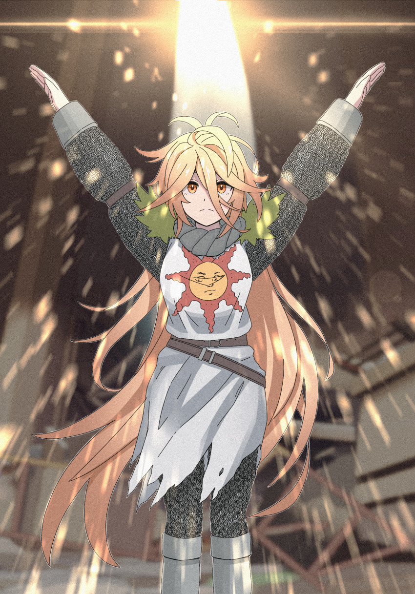 1girl, ahoge, armor, arms_up, belt, blonde_hair, capelet, chainmail