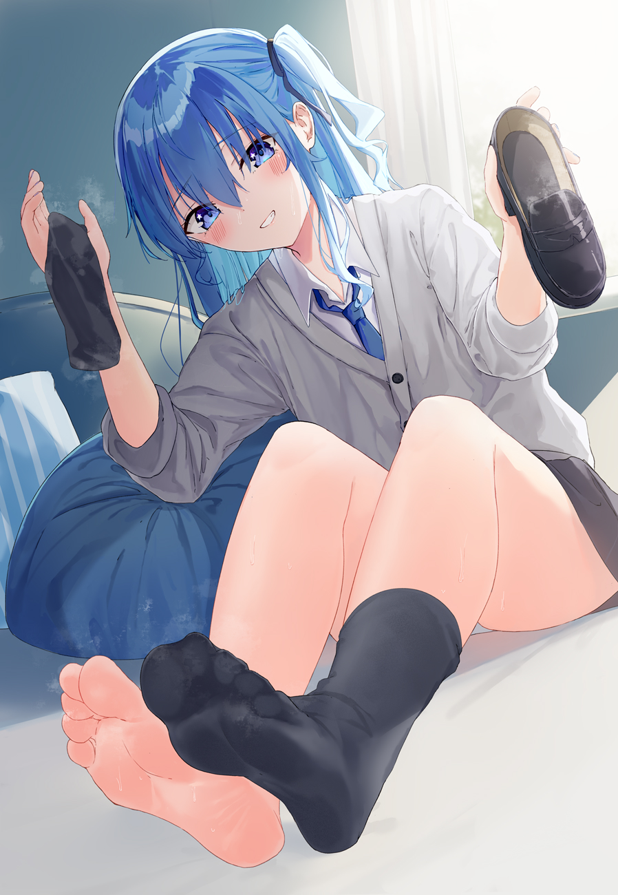 1girl, barefoot, black_shoes, black_socks, blue_eyes, blue_hair, blue_necktie, blue_socks
