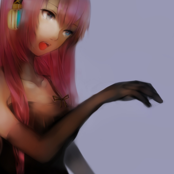 1girl, aqua_eyes, bad_id, bad_pixiv_id, elbow_gloves, female_focus, gloves, headphones, inoe_(noie), long_hair, megurine_luka, open_mouth, pink_hair, solo, vocaloid