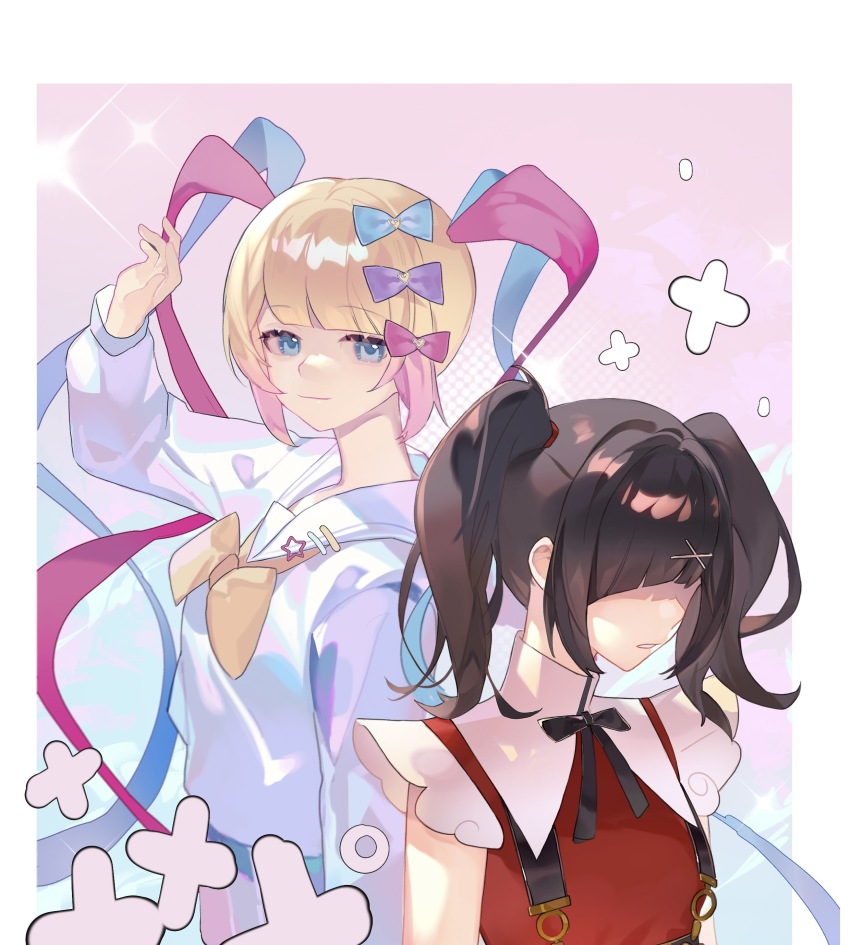 2girls, absurdres, ame-chan_(needy_girl_overdose), arm_up, black_hair, black_ribbon, blonde_hair, blue_bow