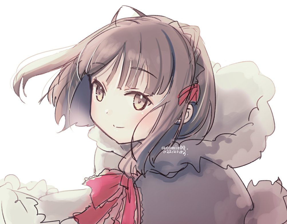 1girl, black_hair, brown_eyes, capelet, fur-trimmed_capelet, fur-trimmed_hood, fur_trim, grey_capelet