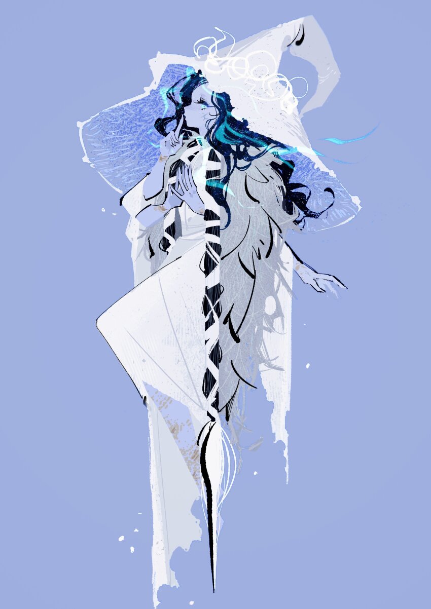 1girl, absurdres, blue_eyes, blue_hair, blue_theme, bracelet, cape, commentary