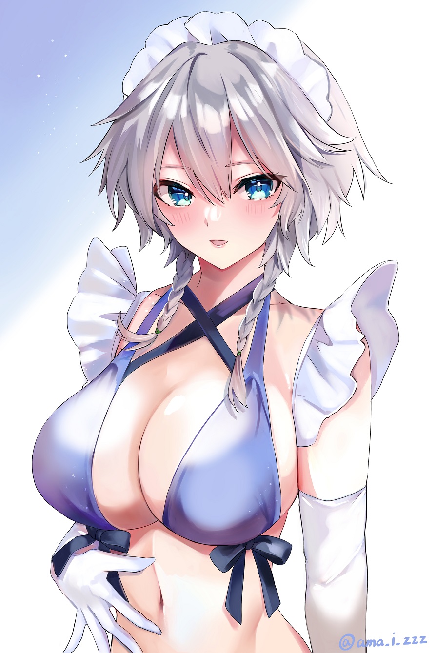 1girl, :d, adapted_costume, artist_name, bikini, blue_eyes, blush, braid