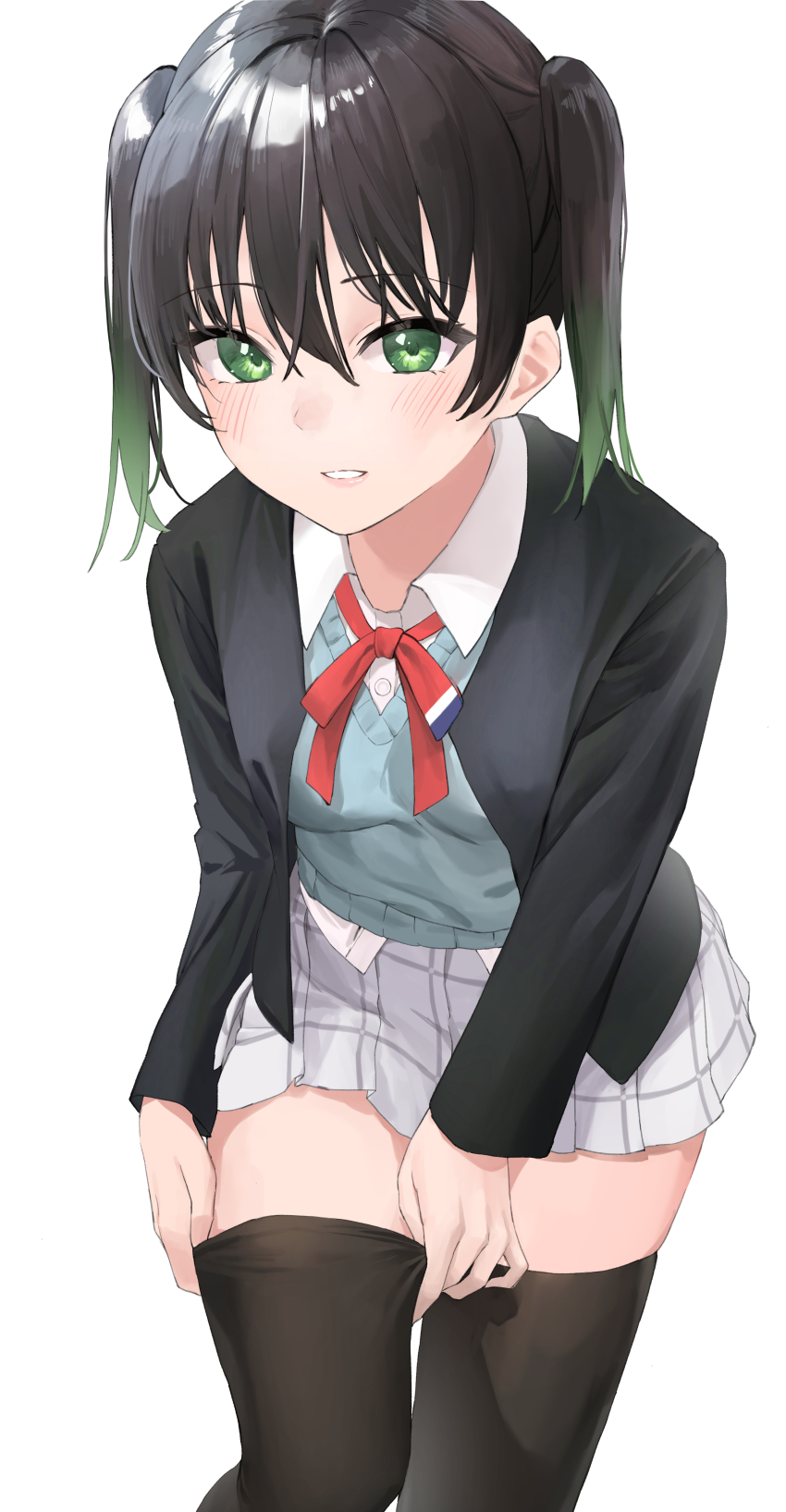 1girl, absurdres, black_hair, black_jacket, black_thighhighs, blue_sweater, blush, breasts