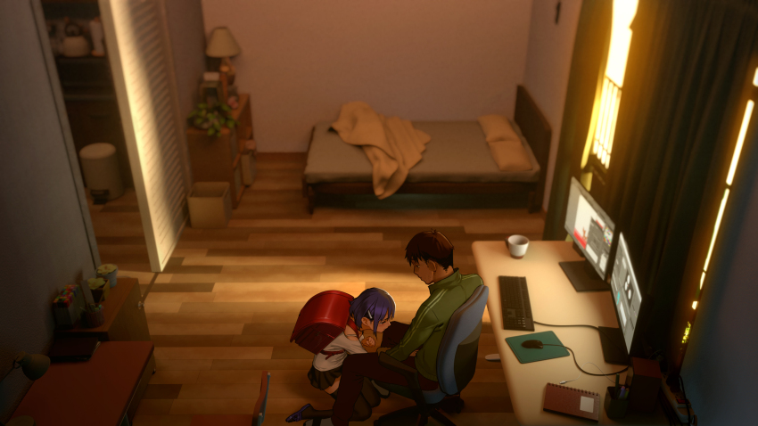 1boy, 1girl, as109, backpack, bag, bare_shoulders, black_skirt, black_thighhighs