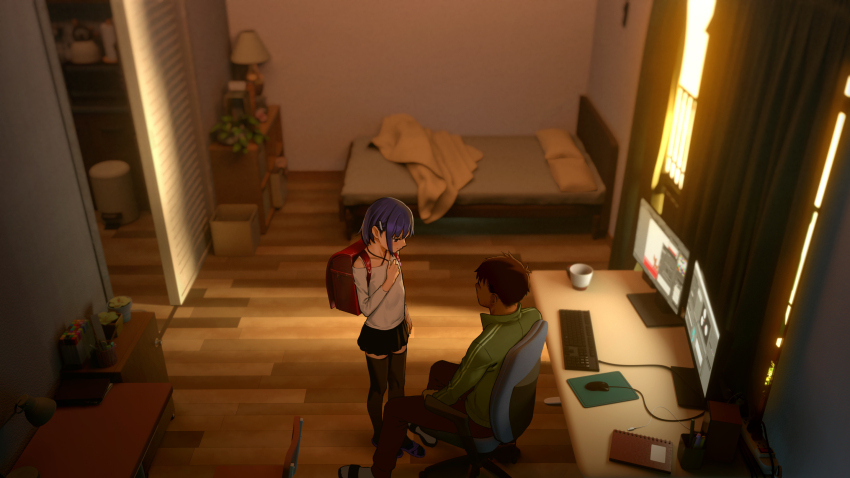 1boy, 1girl, as109, backpack, bag, bare_shoulders, black_skirt, black_thighhighs