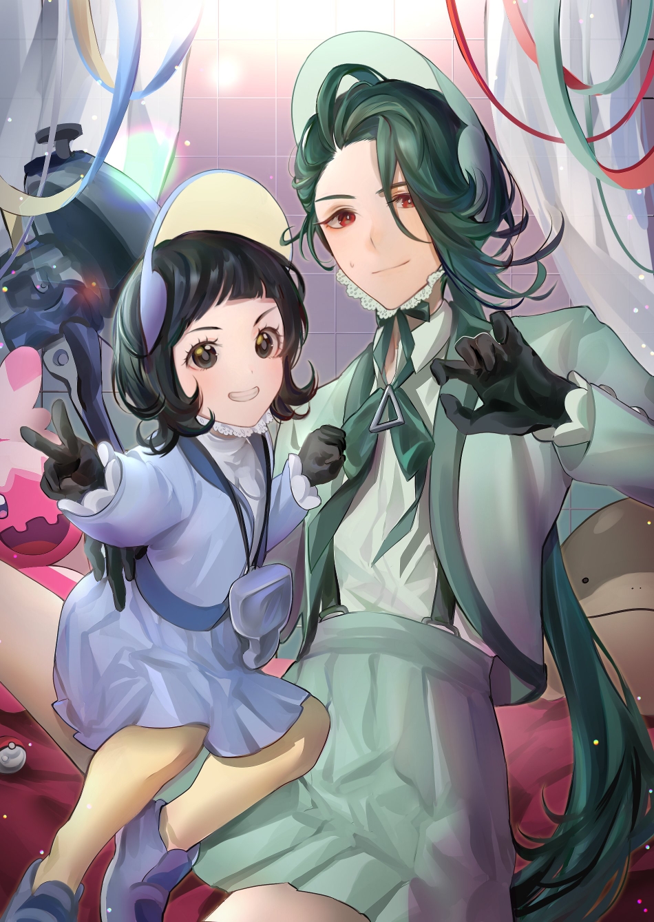 3girls, black_gloves, black_hair, clodsire, commentary, dress, eyelashes, gloves