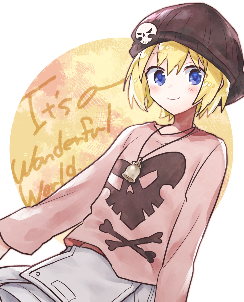 1girl, beanie, bell, bito_raimu, black_hat, blue_eyes, blush, closed_mouth