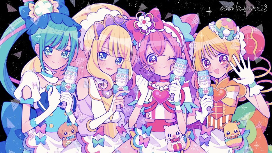 4girls, blonde_hair, blue_eyes, blue_hair, bridal_gauntlets, bun_cover, choker, cone_hair_bun, cure_finale, cure_precious, cure_spicy, cure_yum-yum, delicious_party_precure, fuwa_kokone, gentlu_(precure), gloves, hair_bun, hanamichi_ran, high_ponytail, high_side_ponytail, kasai_amane, kome-kome, long_hair, mem-mem_(precure), multiple_girls, nachuko_(nikukome29), nagomi_yui, pam-pam, pink_choker, pink_eyes, pink_hair, ponytail, precure, red_eyes, side_ponytail, white_choker, white_gloves, wide_ponytail