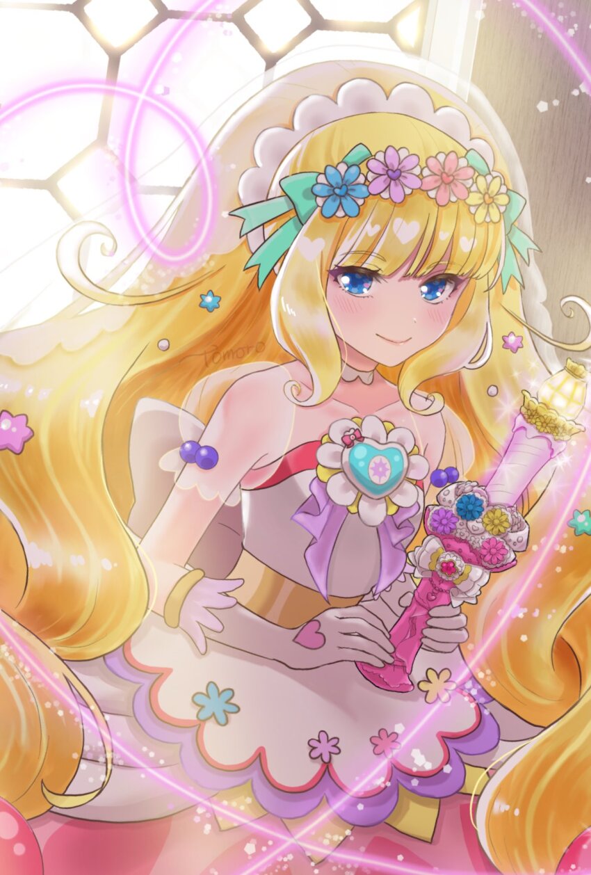 1girl, blonde_hair, blue_eyes, bridal_veil, commentary_request, cure_finale, cure_finale_(party_up_style), delicious_party_precure, dress, elbow_gloves, gloves, head_wreath, high_ponytail, highres, kasai_amane, long_hair, magical_girl, moro_precure, ponytail, precure, sidelocks, smile, solo, strapless, strapless_dress, veil, white_gloves, wide_ponytail