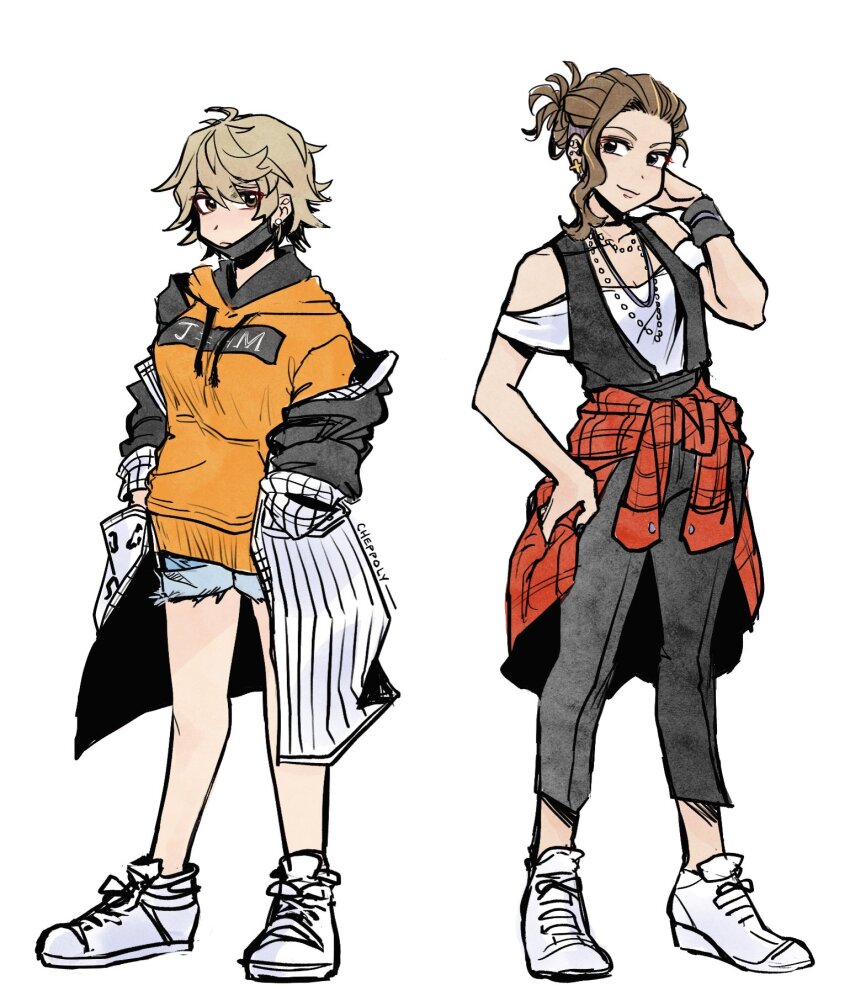 2girls, black_coat, black_mask, black_pants, black_vest, blonde_hair, breasts, brown_eyes