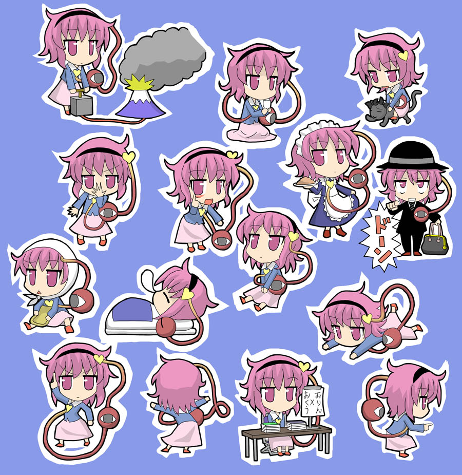 1girl, akanbe, alternate_costume, bad_id, bad_pixiv_id, cat, chibi, cosplay, dancing, dojou_sukui, multiple_expressions, eyelid_pull, female_focus, formal_clothes, jojo_no_kimyou_na_bouken, jpeg_artifacts, kaenbyou_rin, kaenbyou_rin_(cat), komeiji_satori, manga_(object), moguro_fukuzou, moguro_fukuzou_(cosplay), nose_bubble, nyantalab, pink_eyes, pink_hair, riding, saturday_night_fever, shakugan_no_shana, simple_background, sleeping, suit, table, tongue, tongue_out, touhou, translated, tripping, volcano, waitress, warau_salesman, wilhelmina_carmel, wilhelmina_carmel_(cosplay)