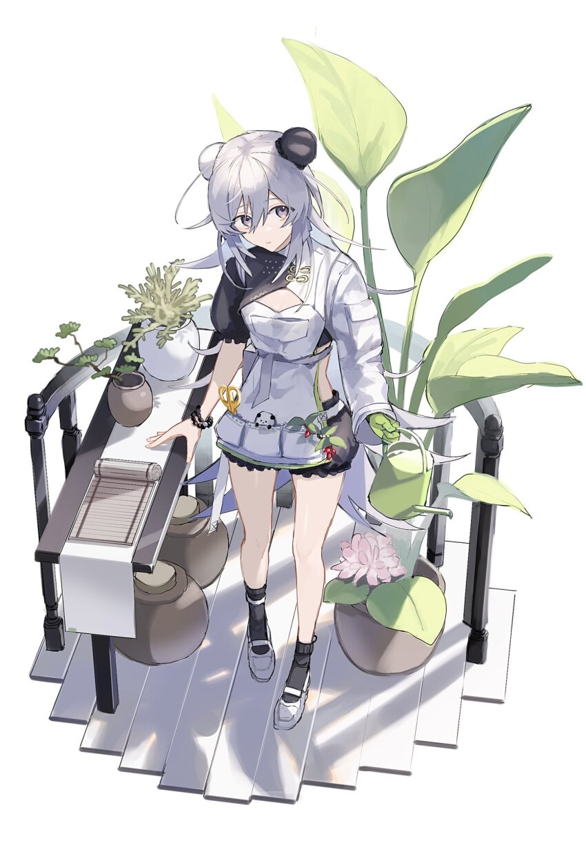 1girl, apron, arknights, asymmetrical_sleeves, black_shorts, black_socks, bun_cover, commentary_request