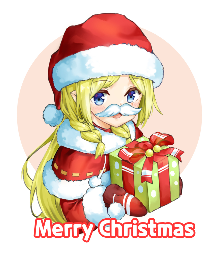 1girl, absurdres, blonde_hair, blue_eyes, box, capelet, christmas, fur-trimmed_headwear, fur_trim, gift, gift_box, gloves, hat, highres, kitsune_ga_boku_wo_matteiru, long_hair, merry_christmas, mimiru_(kitsune_ga_boku_wo_matteiru), nruj3275, parted_bangs, pointy_ears, red_capelet, red_gloves, santa_costume, santa_hat, solo