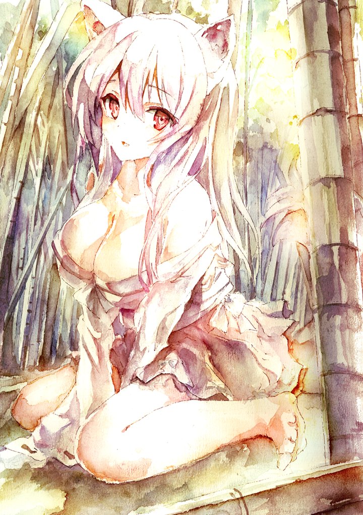 1girl, animal_ears, bare_shoulders, bow, breasts, cleavage, fox_ears, fox_sua