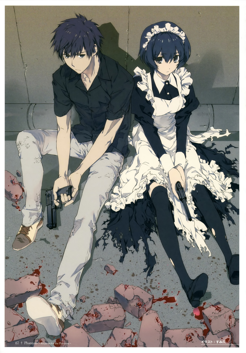 1boy, 1girl, absurdres, apron, black_shirt, black_thighhighs, blouse, collared_dress