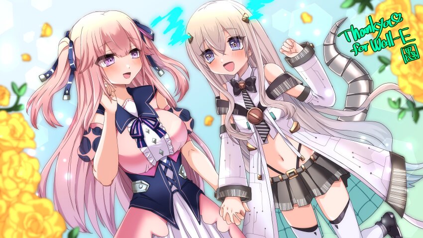 2girls, absurdres, alien, breasts, circuit_board_print, commission, corset, cropped_shirt