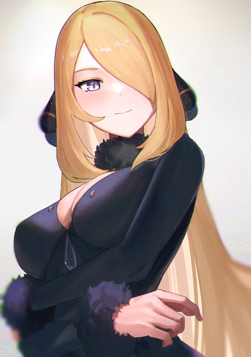1girl, absurdres, black_coat, blonde_hair, blush, breasts, cleavage, coat