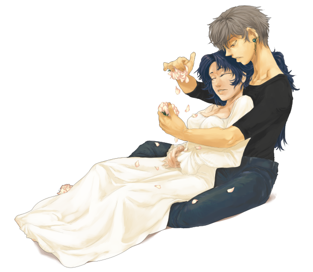 1990s_(style), 1boy, 1girl, blue_hair, dress, earrings, closed_eyes, final_fantasy