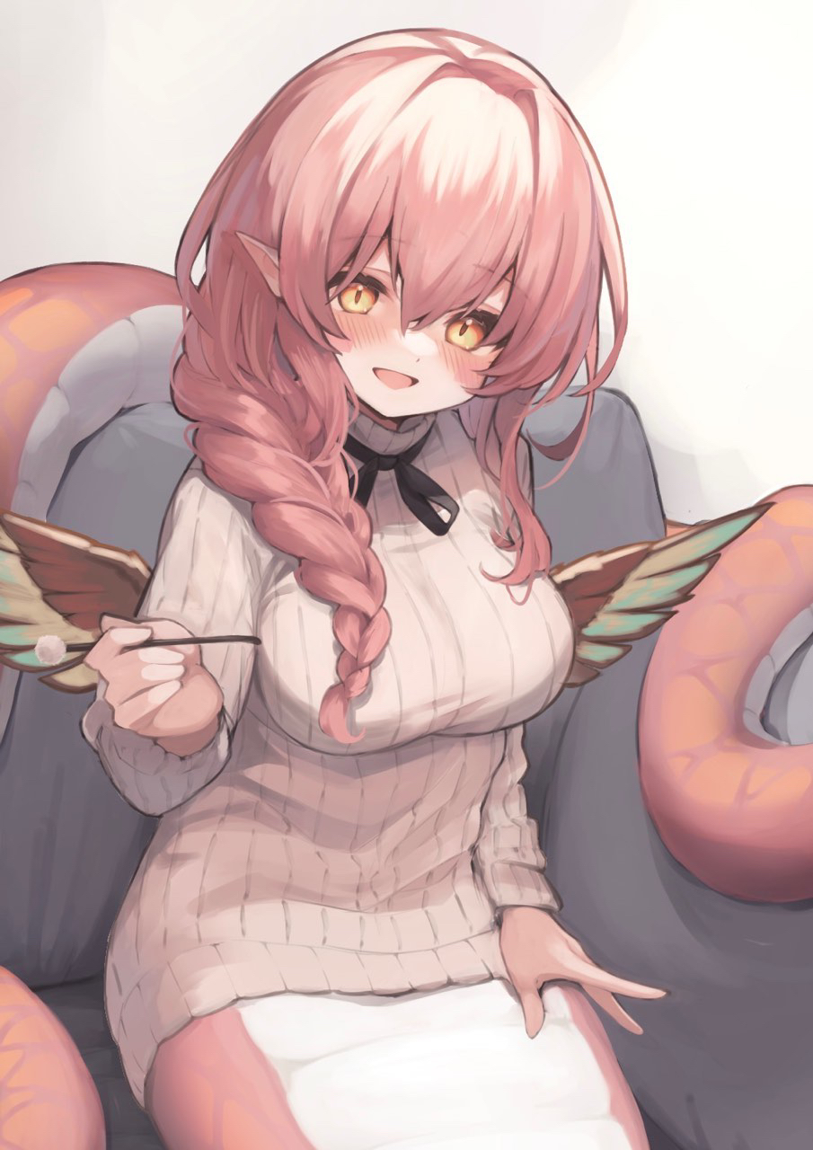 1girl, blush, braid, breasts, character_request, couch, hair_over_shoulder, highres, holding, lamia, large_breasts, long_hair, long_sleeves, mimikaki, monster_girl, monster_musume_td, neck_ribbon, on_couch, open_mouth, pink_hair, pointy_ears, ribbed_sweater, ribbon, sitting, slit_pupils, smile, solo, sweater, tail, tomisaka_yorui, turtleneck, turtleneck_sweater, wings, yellow_eyes