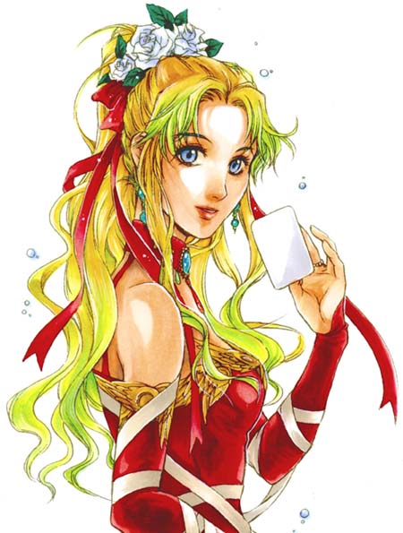 1990s_(style), 1girl, bare_shoulders, blonde_hair, blue_eyes, bridal_gauntlets, earrings, female_focus, final_fantasy, final_fantasy_vi, flower, green_hair, hige_tei, higeking, jewelry, long_hair, red_ribbon, ribbon, solo, tina_branford, white_background