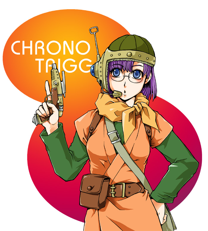 1990s_(style), 1girl, belt, blue_eyes, chrono_(series), chrono_trigger, female_focus, glasses, gun, headset, helmet, hige_tei, higeking, lucca_ashtear, purple_hair, short_hair, solo, weapon