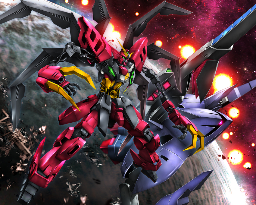 after_war_gundam_x, battle, beam_cannon, claws, commentary, debris, explosion, green_eyes