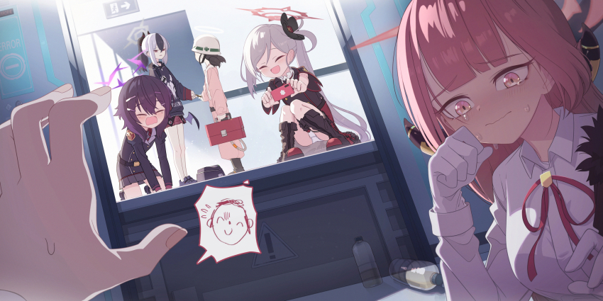 1boy, 5girls, doodle_sensei_(blue_archive), aru_(blue_archive), black_hair, blue_archive, bolo_tie, boots