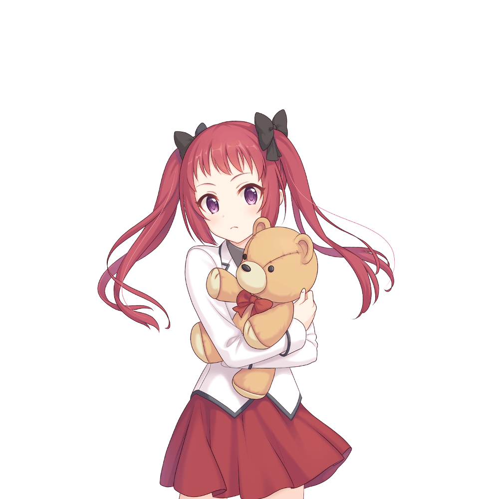 1girl, ayane_(princess_connect!), ayane_(real)_(princess_connect!), bow, hair_bow, jacket, long_hair, official_art, princess_connect!, purple_eyes, red_hair, red_skirt, skirt, stuffed_animal, stuffed_toy, tachi-e, teddy_bear, transparent_background, twintails, white_jacket