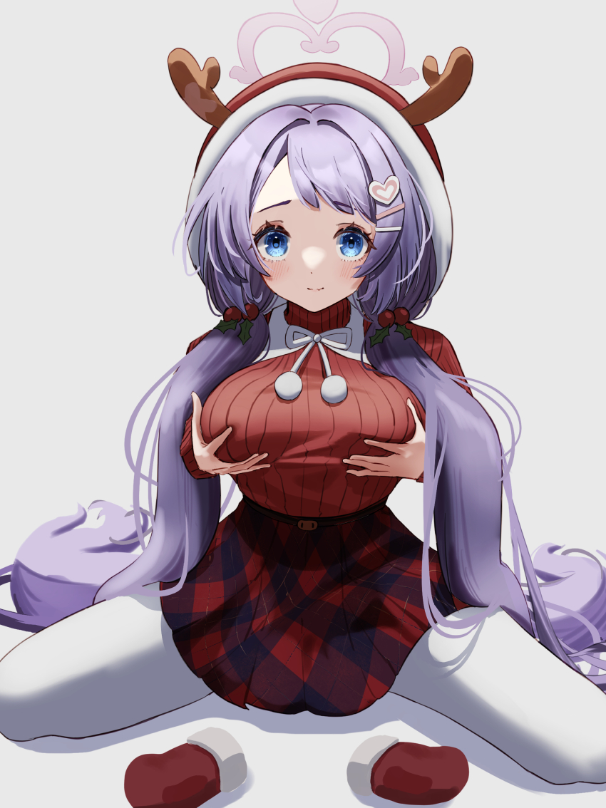 1girl, absurdres, antlers, blue_archive, blue_eyes, breast_lift, breasts, hair_ornament