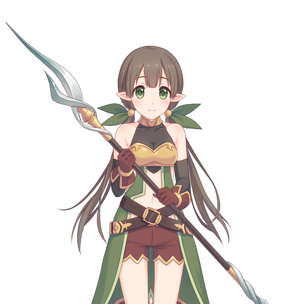 1girl, ayumi_(princess_connect!), green_eyes, holding, holding_weapon, long_hair, official_art, pointy_ears