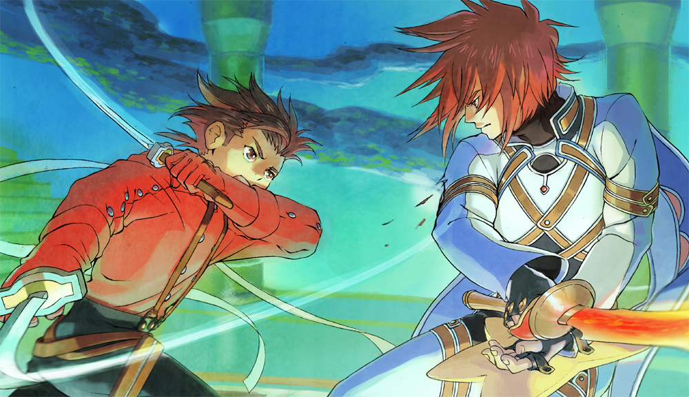 00s, 2boys, aqua_background, bad_id, bad_pixiv_id, battle, blue_eyes, brown_eyes, brown_hair, father_and_child, father_and_son, holding, holding_sword, holding_weapon, kratos_aurion, kratos_aurion_(judgment), lloyd_irving, male_focus, multiple_boys, official_alternate_costume, parent_and_child, red_eyes, red_hair, red_shirt, shimabara, shirt, sword, tales_of_(series), tales_of_symphonia, weapon
